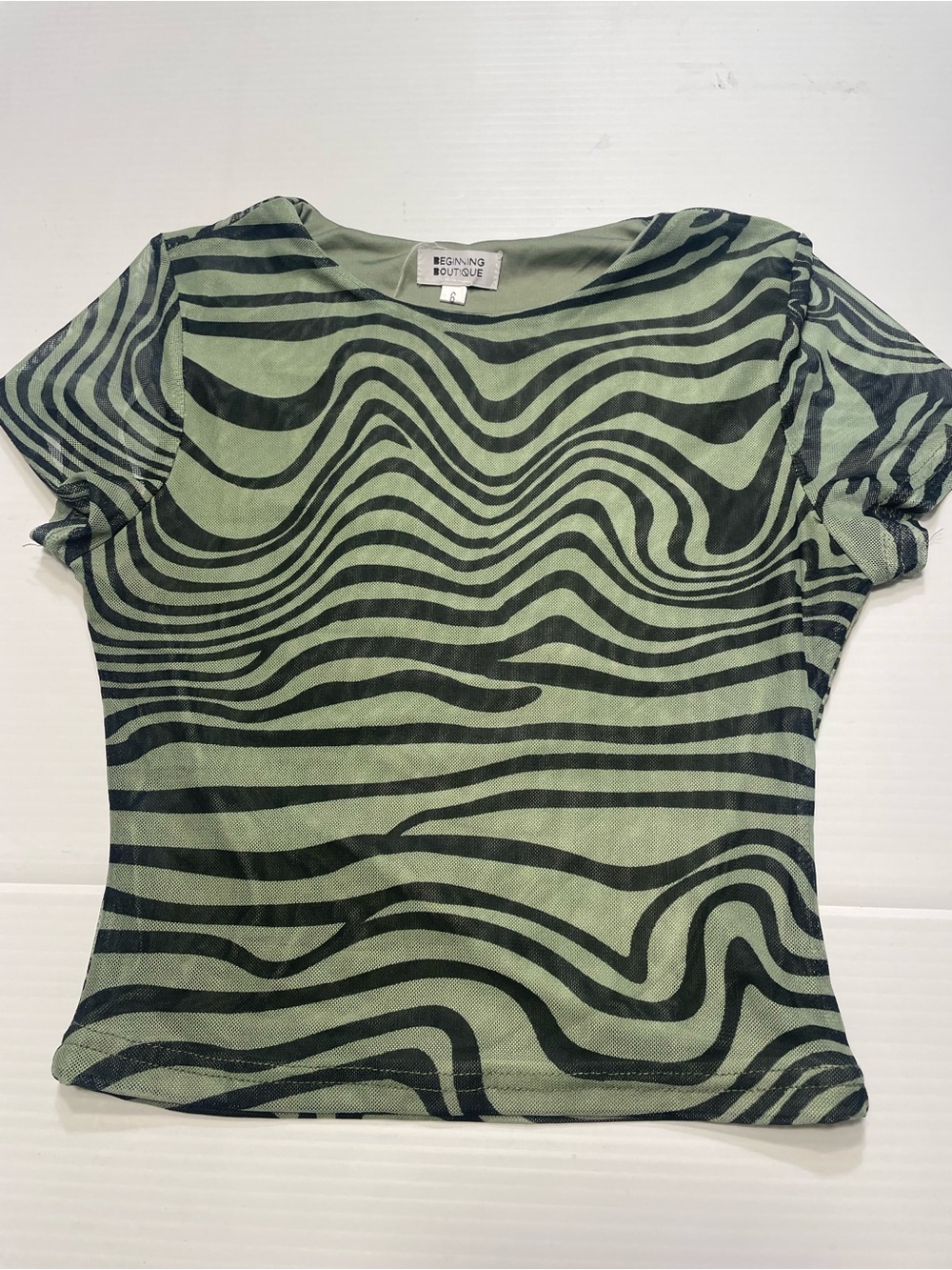 Beginning Boutique Animal Print Green Black Crop Top Women Sz 6 Mesh Tight Fit
